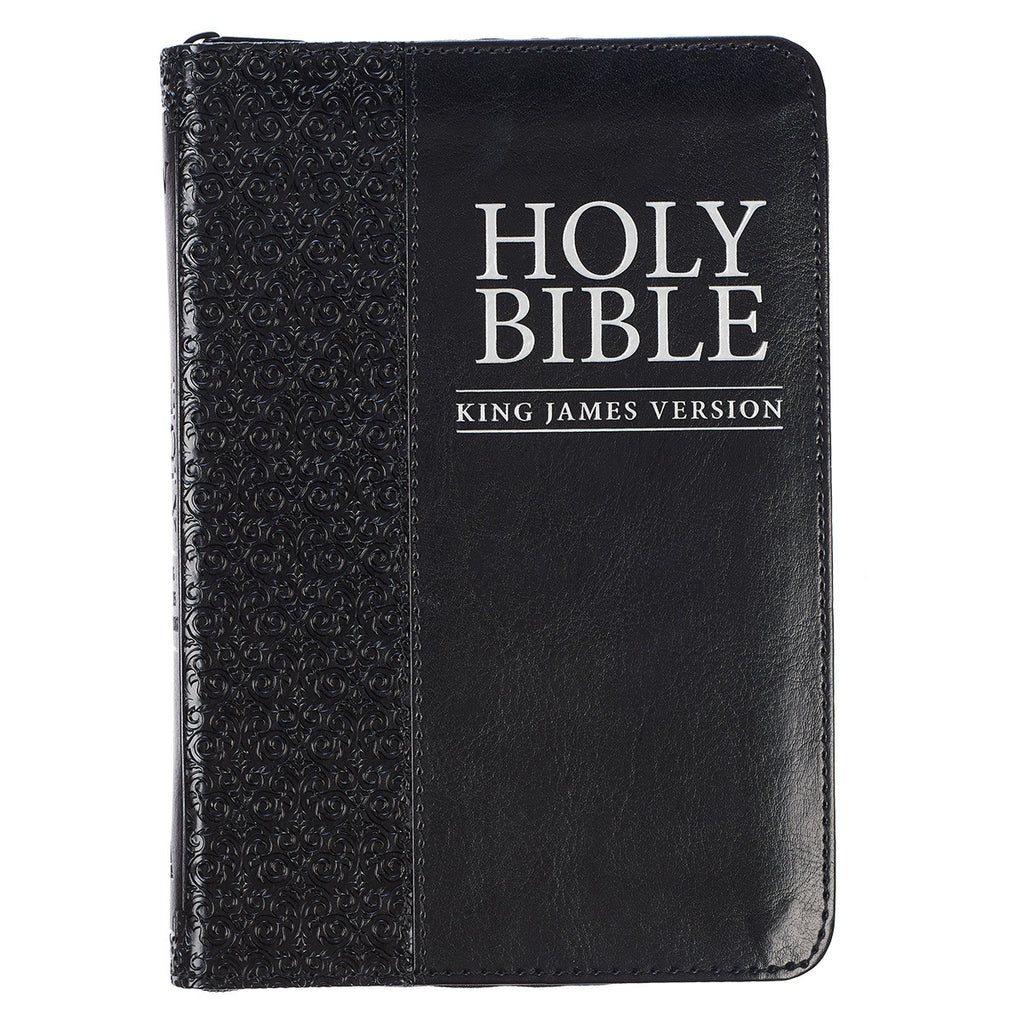 KJV Black Compact Bible with Zippered Closure on a white background