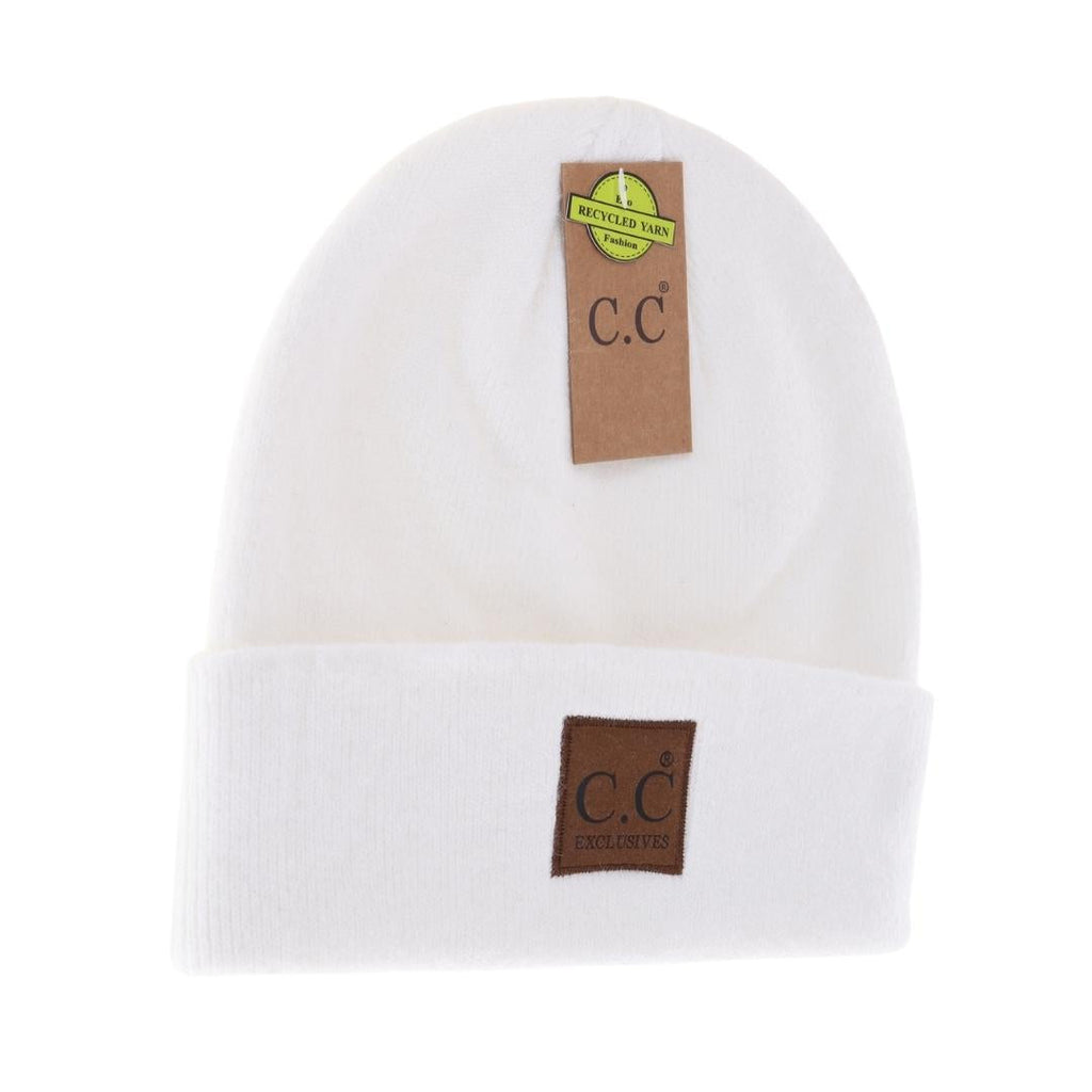 soft ribbed leather patch cc beanie on a white background