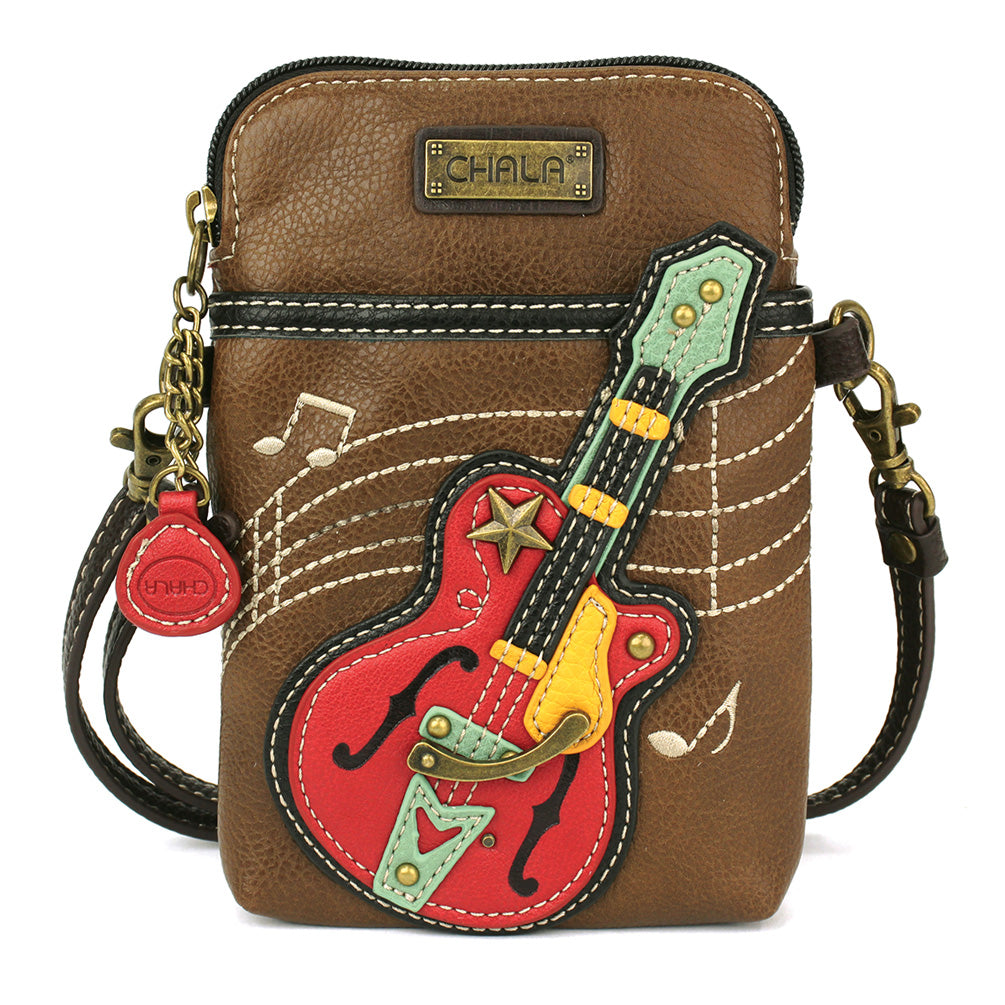 chala guitar brown cellphone crossbody on a white background