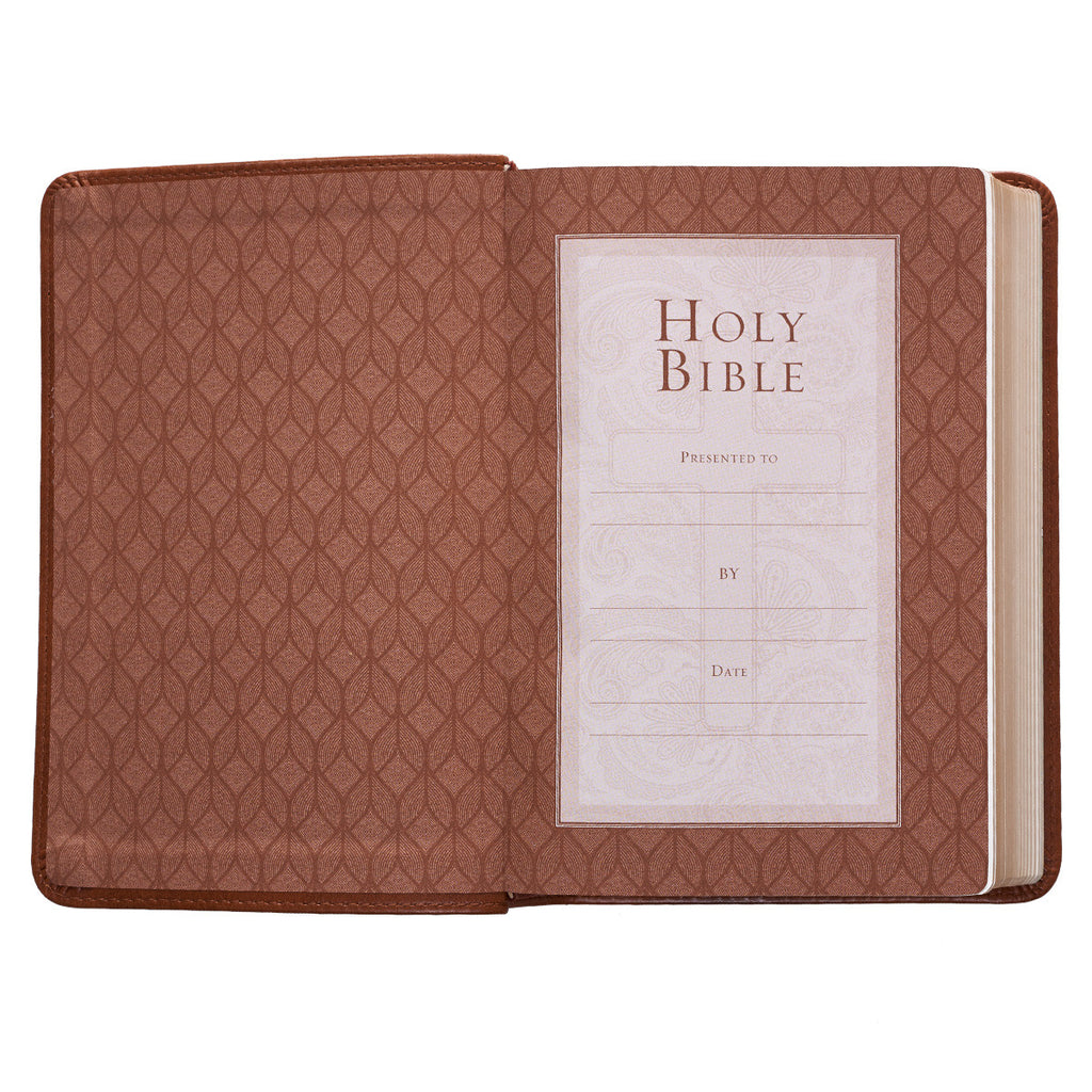 KJV Saddle Tan Embossed Compact Bible on a white background