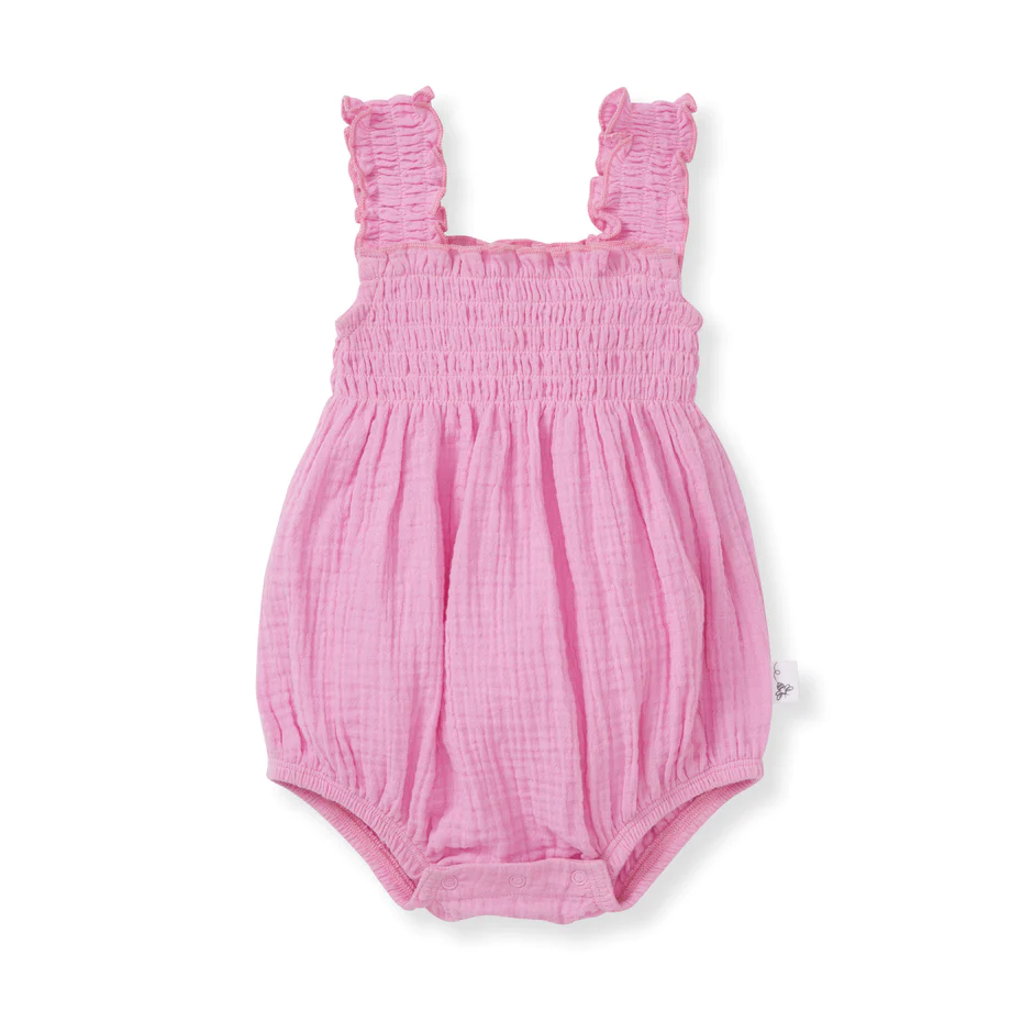 Muslin Smocked Bubble Romper - Pink Mauve on a white background bee 