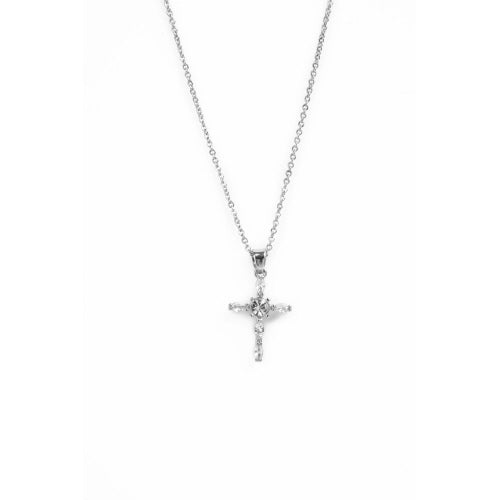 silver large dangle cross necklace on a white background