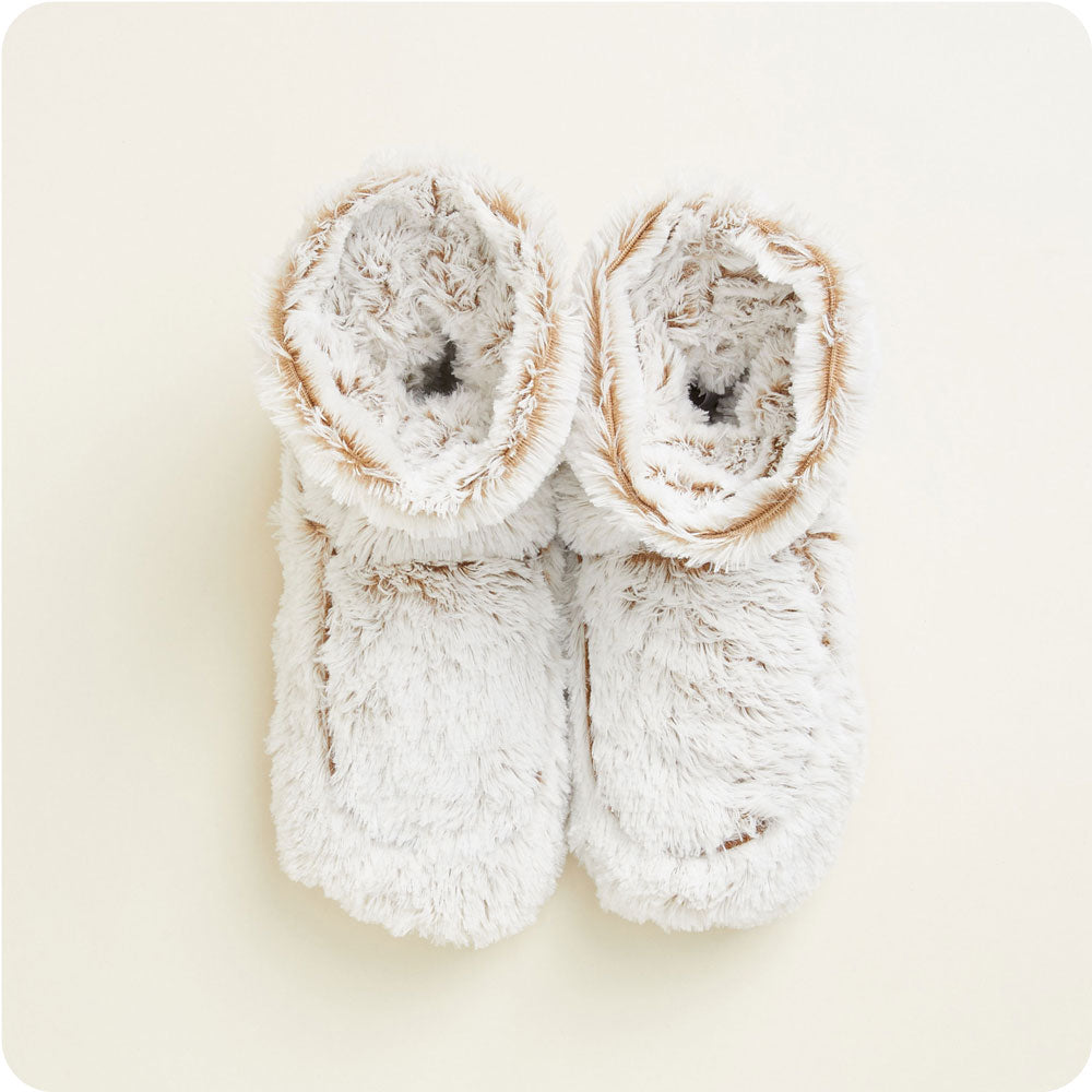 warmies brown marshmallow booties on a cream background