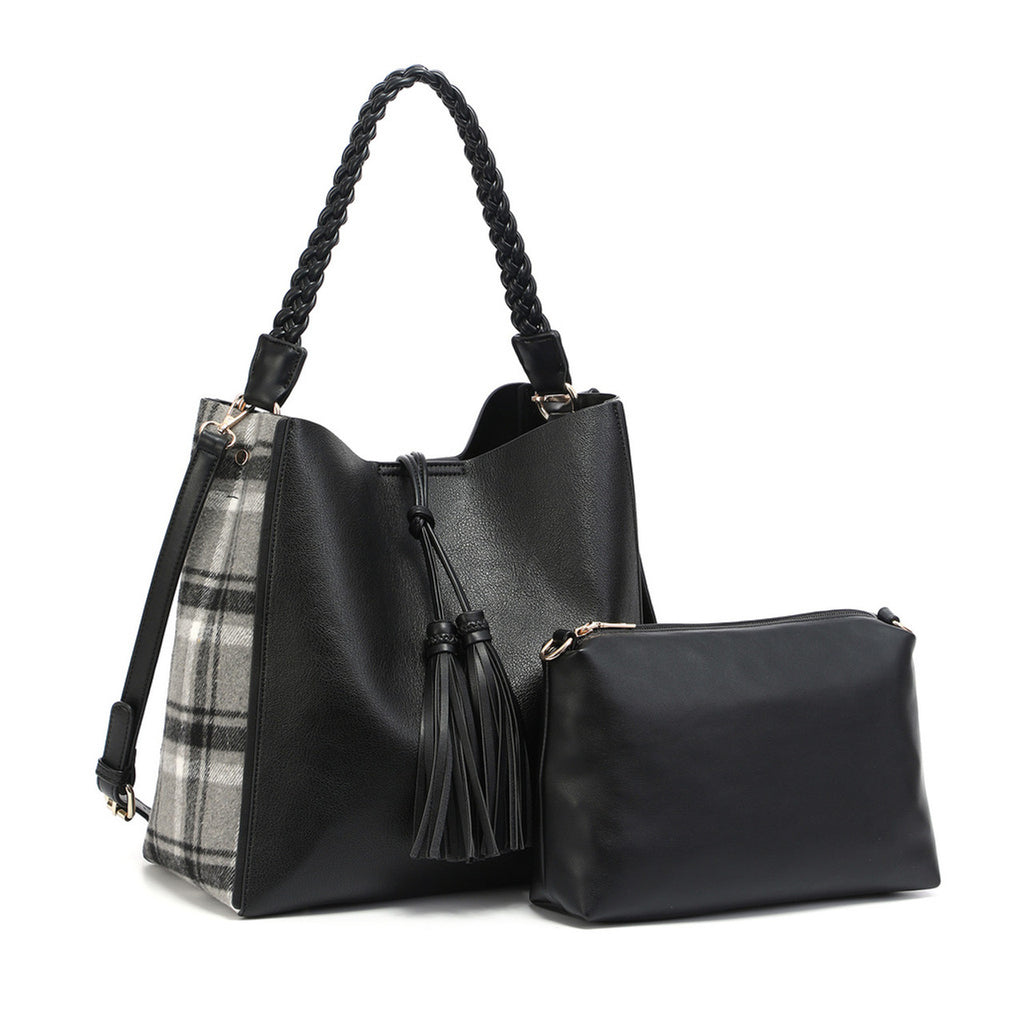 Jen & Co black and plaid bag in a bag on a white background
