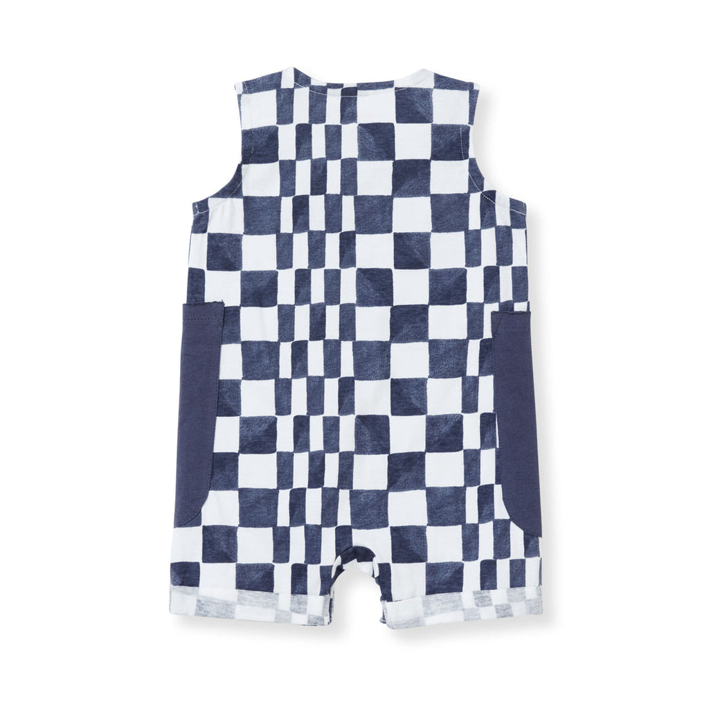burts bee baby checked romper on a white background