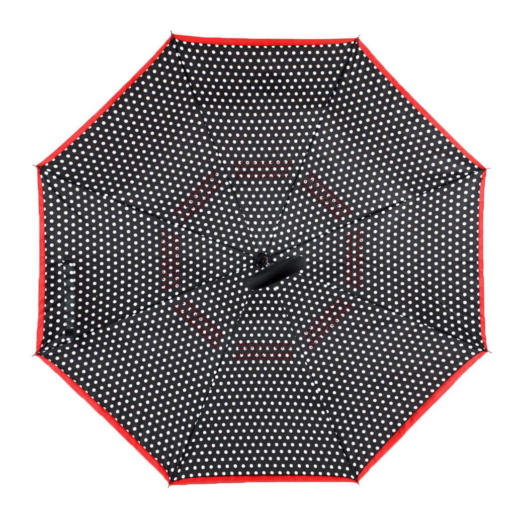 hot pink polka dot double layer inverted umbrella on a white background