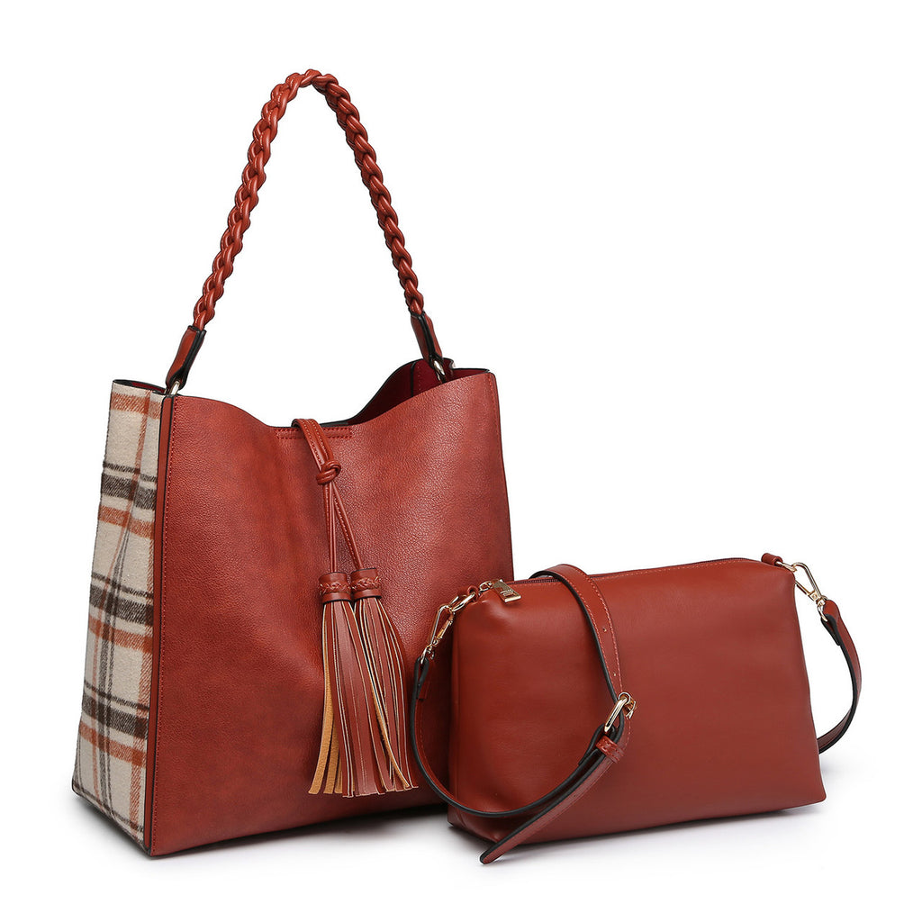Jen & Co red and plaid bag in a bag on a white background