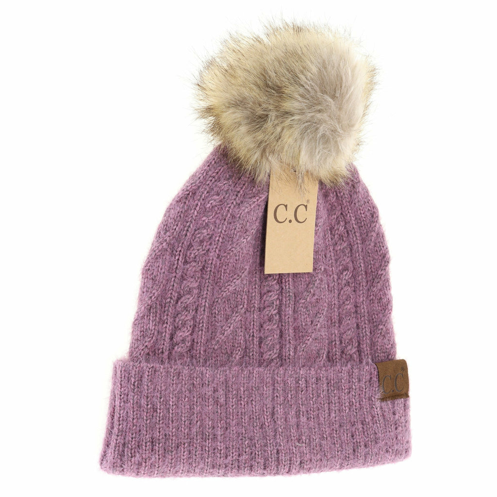 soft cuff cable knit fur pom cc beanie on a white background