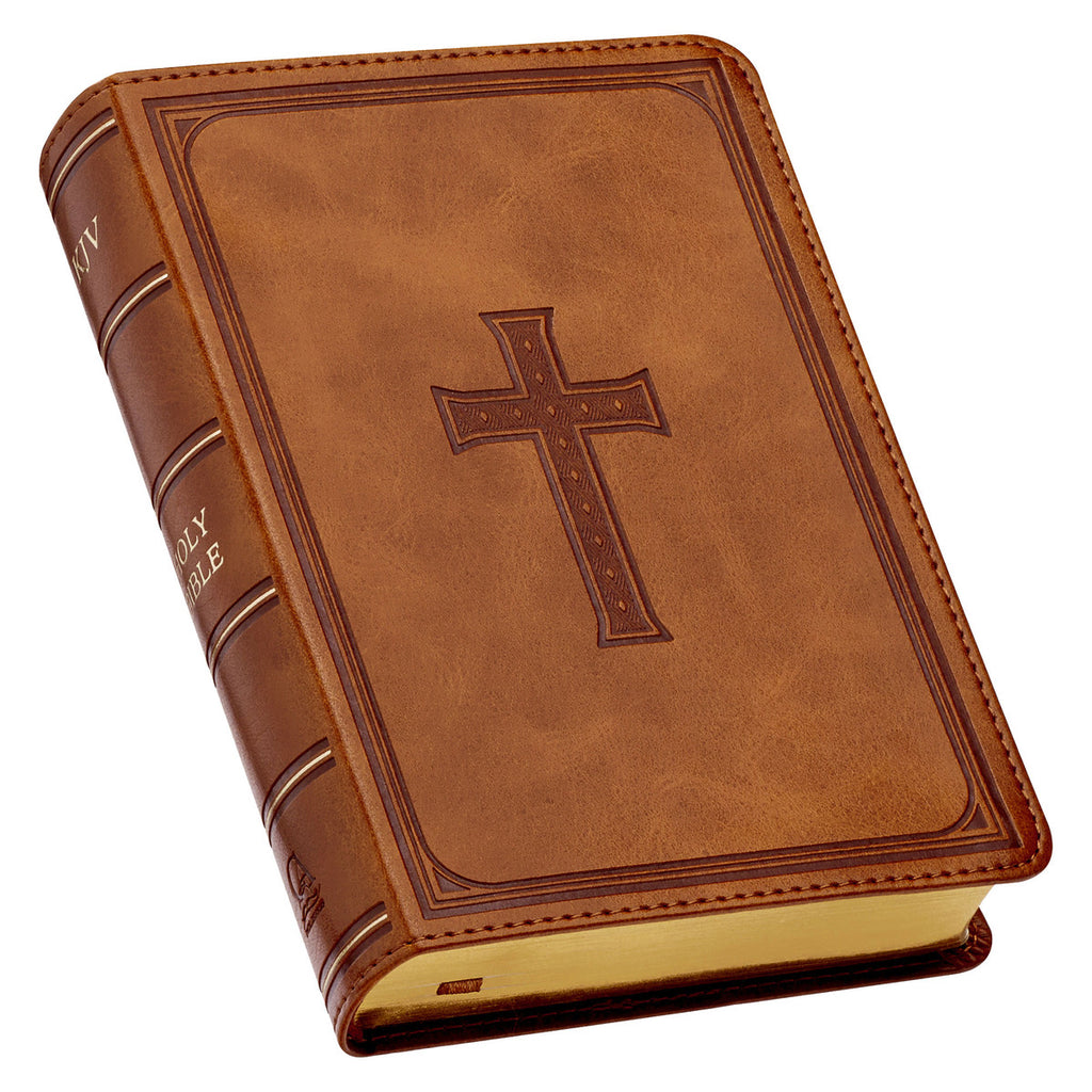 KJV Saddle Tan Embossed Compact Bible on a white background