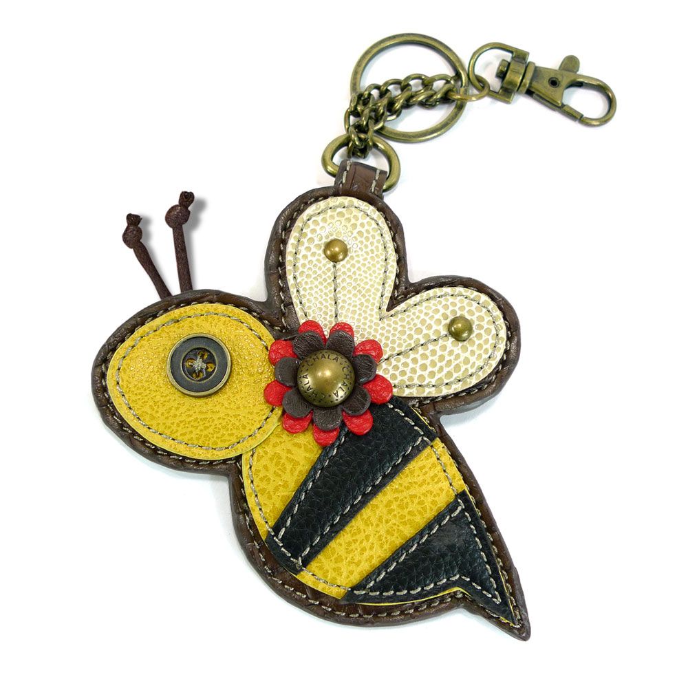 chala bee coin purse and key fob on a white background