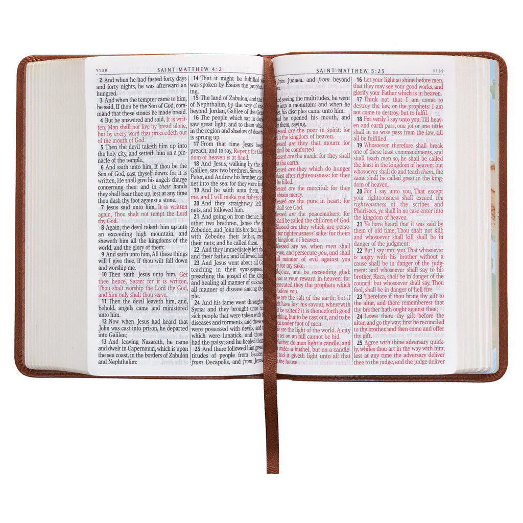 KJV Saddle Tan Embossed Compact Bible on a white background