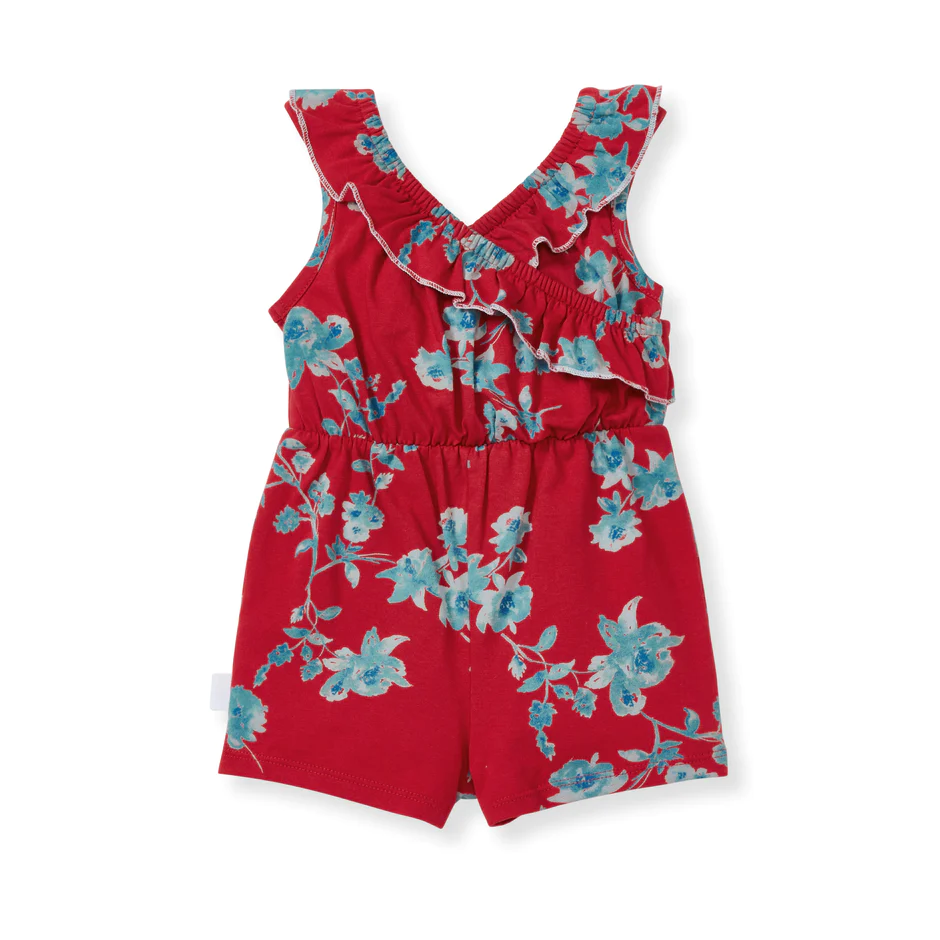 burts bee july floral romper on a white background