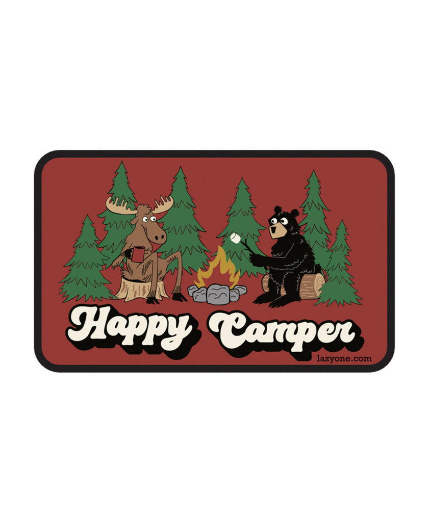 happy camper moose and bear sticker on a white background