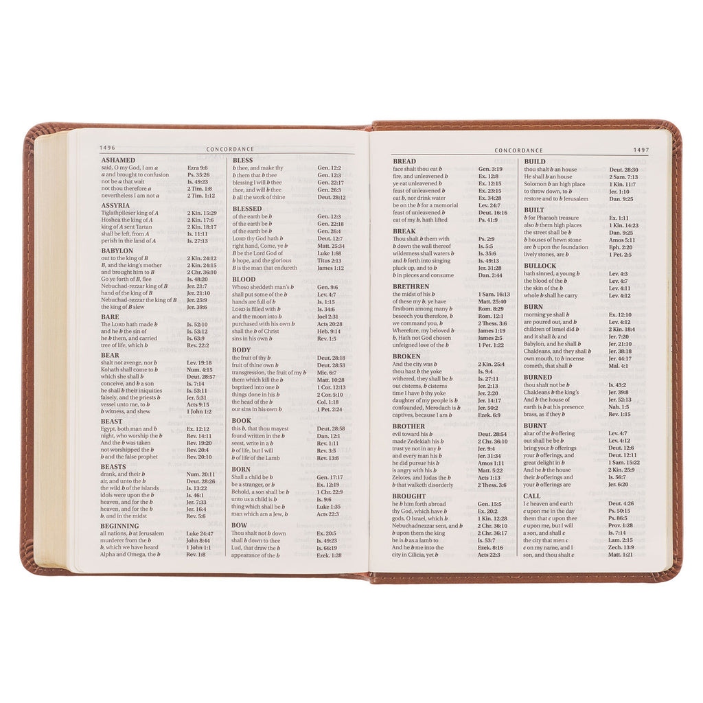 KJV Saddle Tan Embossed Compact Bible on a white background