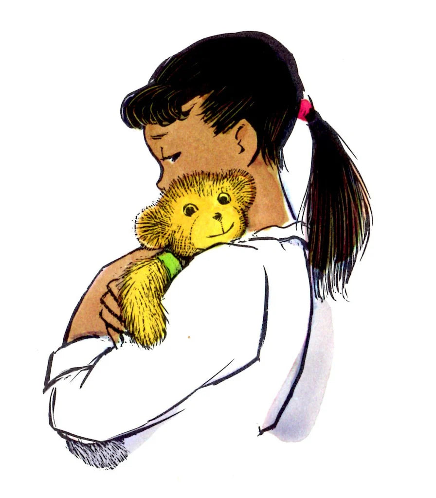 Illustration of a girl holding a teddy bear with a white background