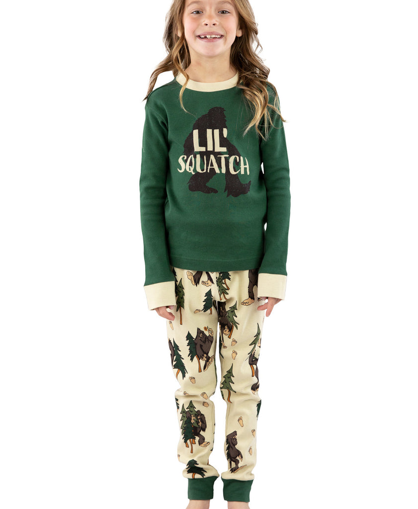 lil squatch kid's long sleeve pj's on a white background