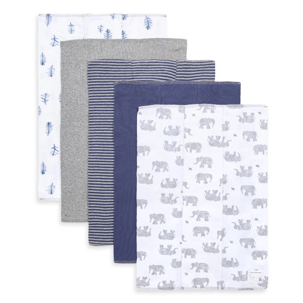 set of 5 wandering elephants burp cloths on a white background