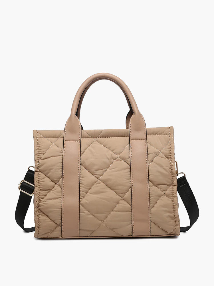 Jen and co tan quilted bag on a white background