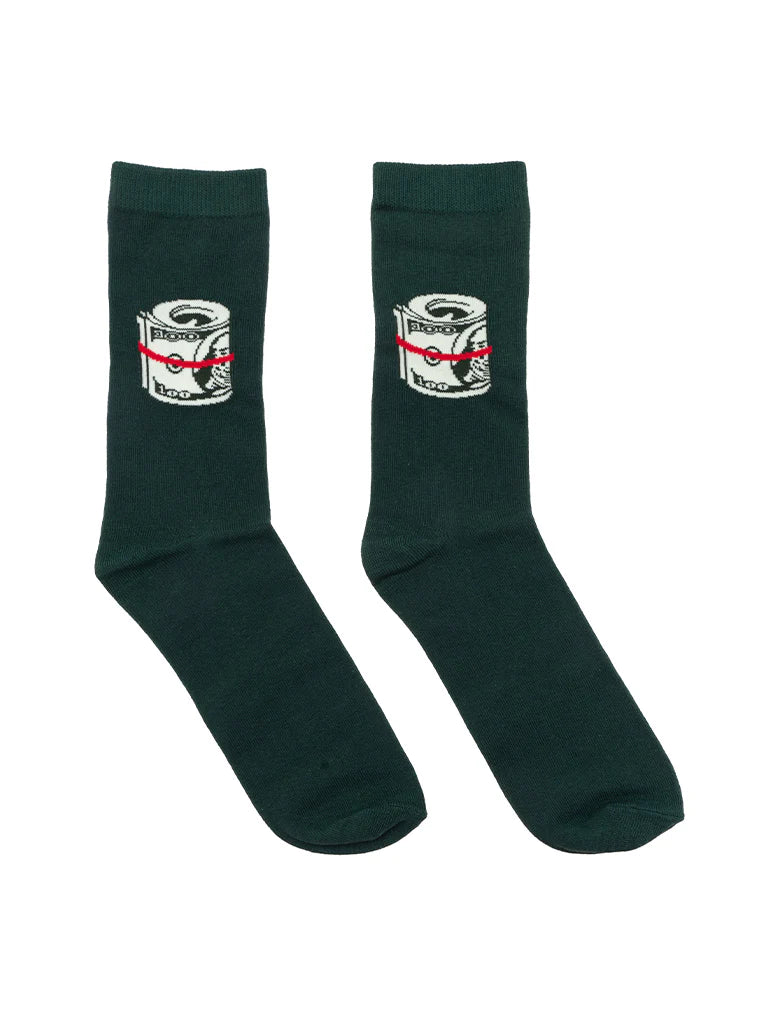 Dark green socks with a graphic design on a white background
