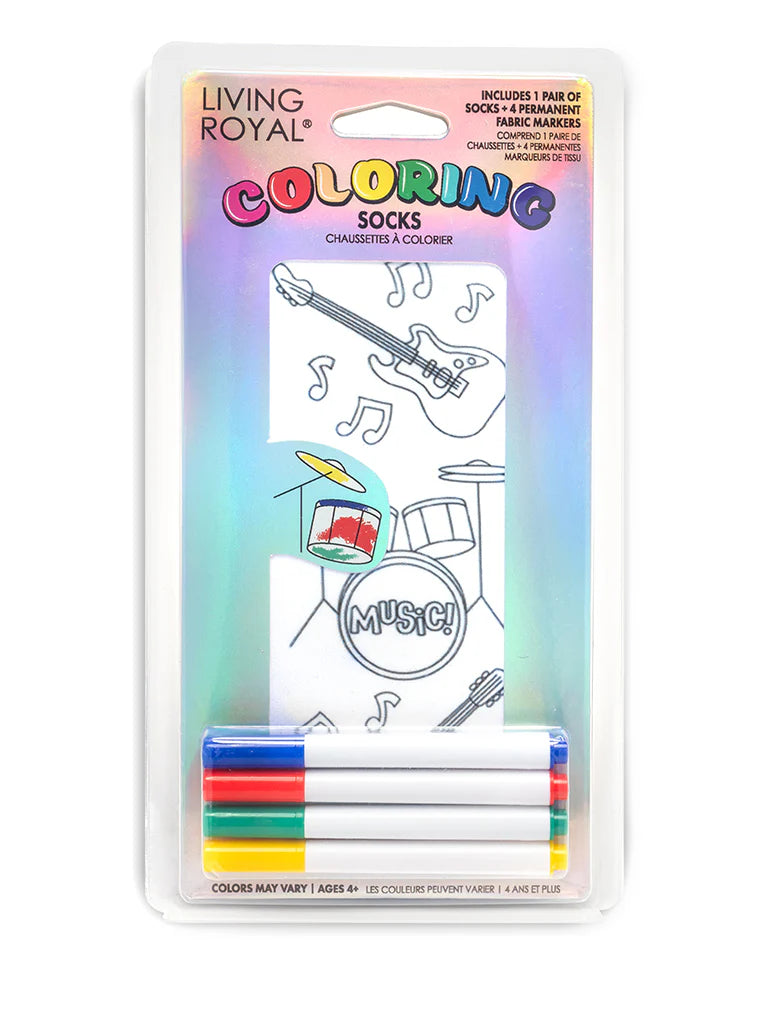 Living Royal coloring socks packaging with music-themed design and markers.