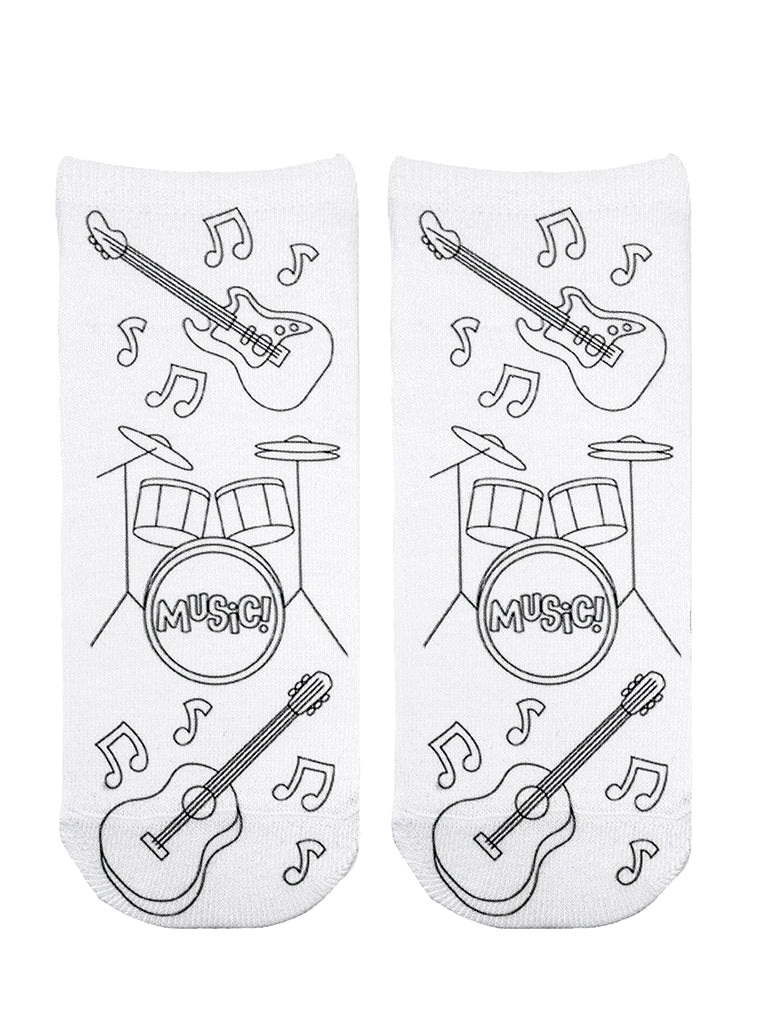 Pair of socks with musical instrument designs on a white background