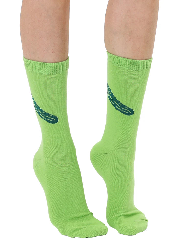 Green knee-high socks with a design on a white background