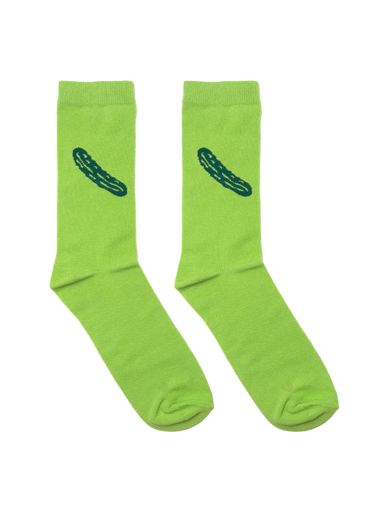 Pair of green socks with a blue design on a white background
