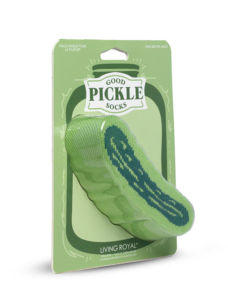 Green socks in packaging with 'Good Pickle Socks' branding on a white background