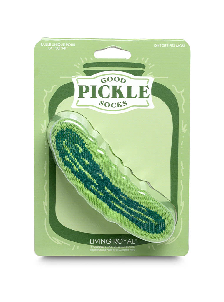 Packaged pickle-shaped socks with 'Good Pickle Socks' branding on a light green background.