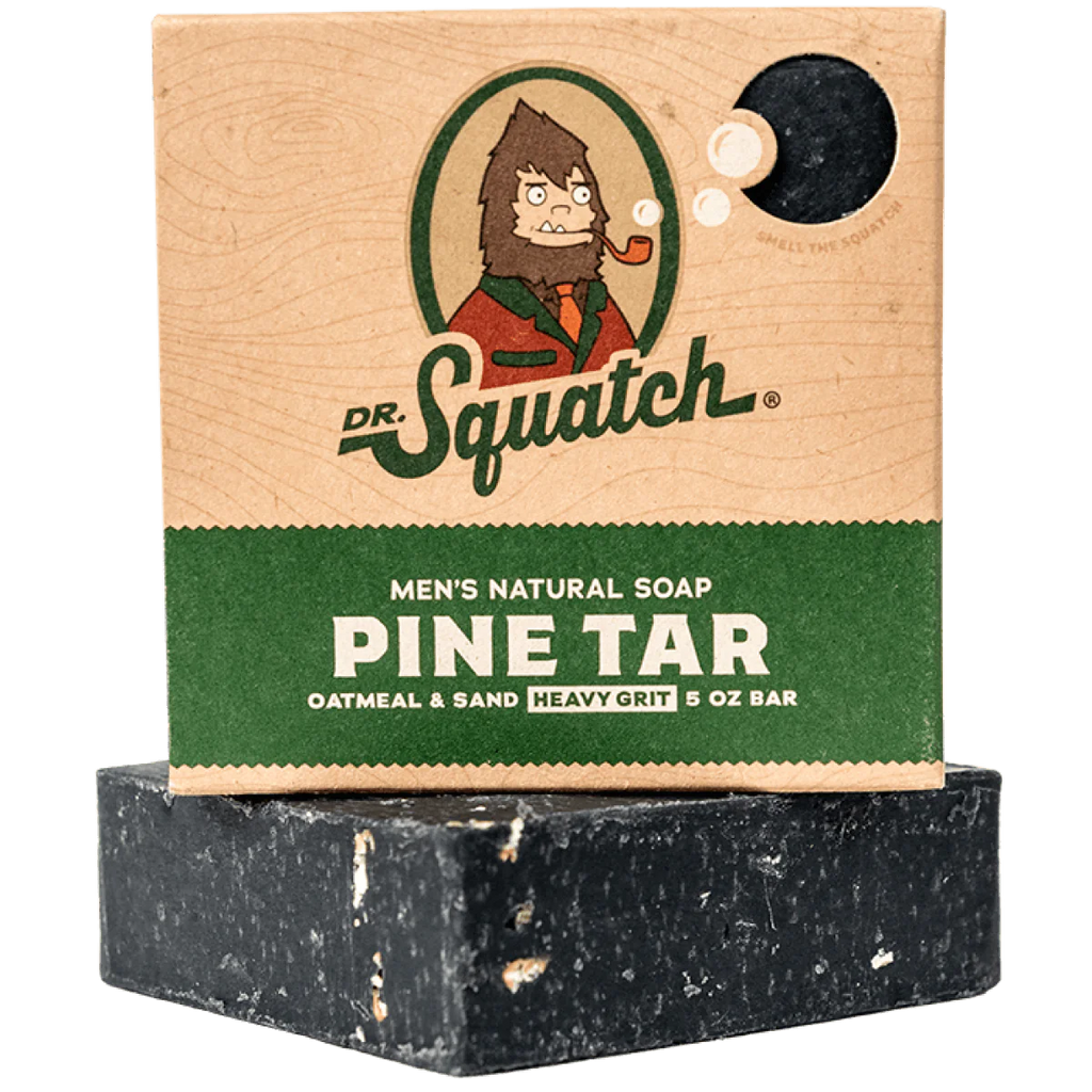 dr. squatch pine tar soap on a white background
