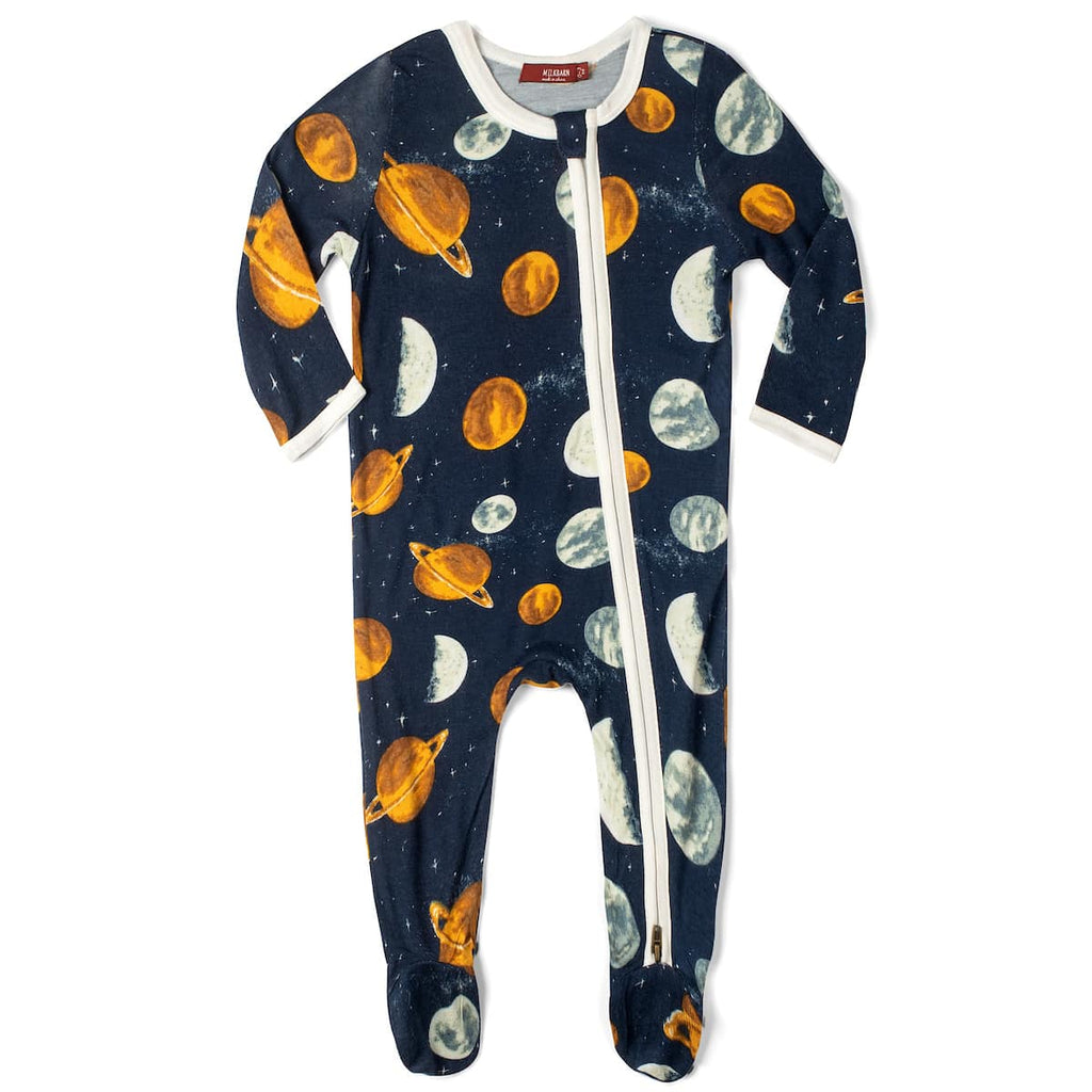 milkbarn planets zipper footed romper on a white background