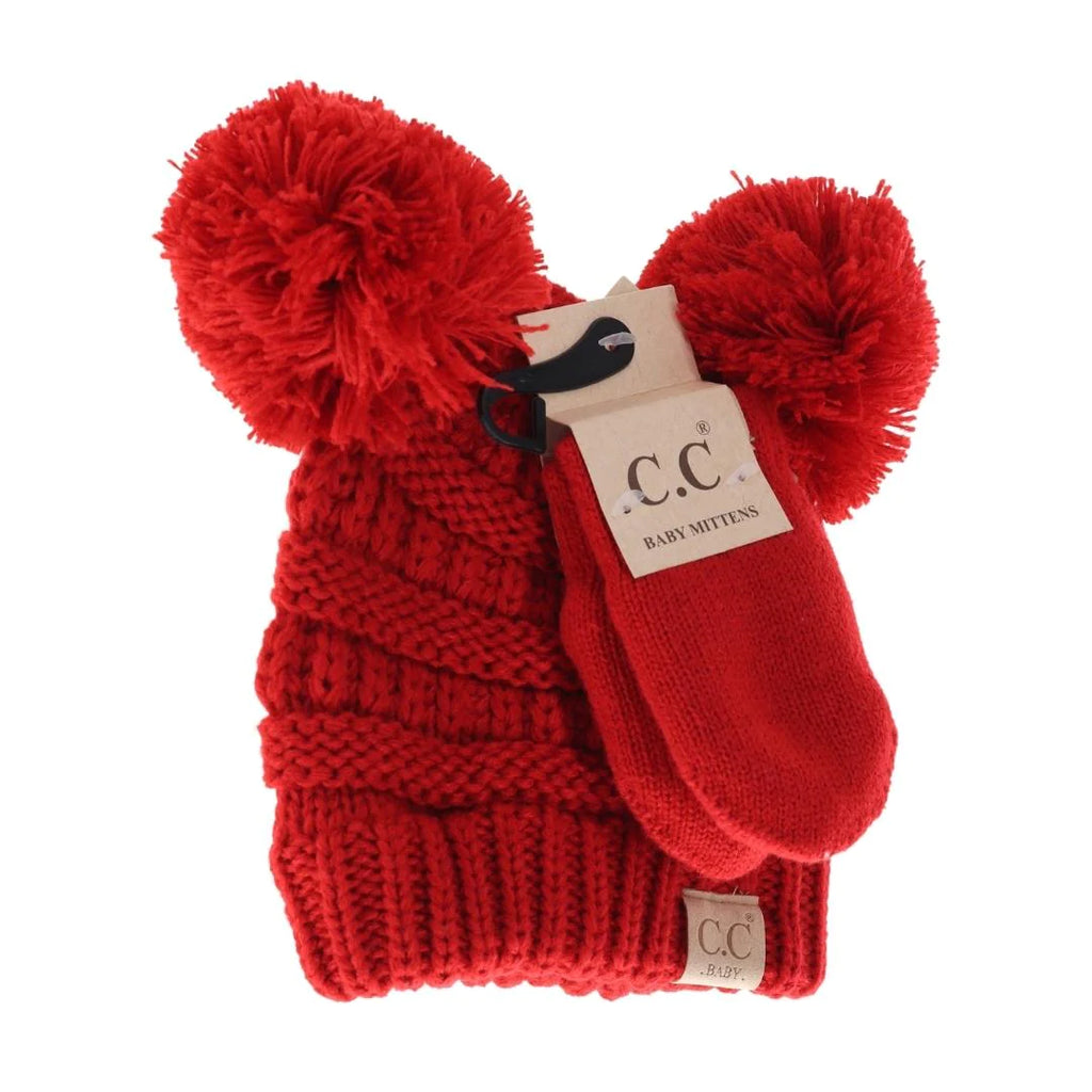 baby cc beanie with poms on a white background