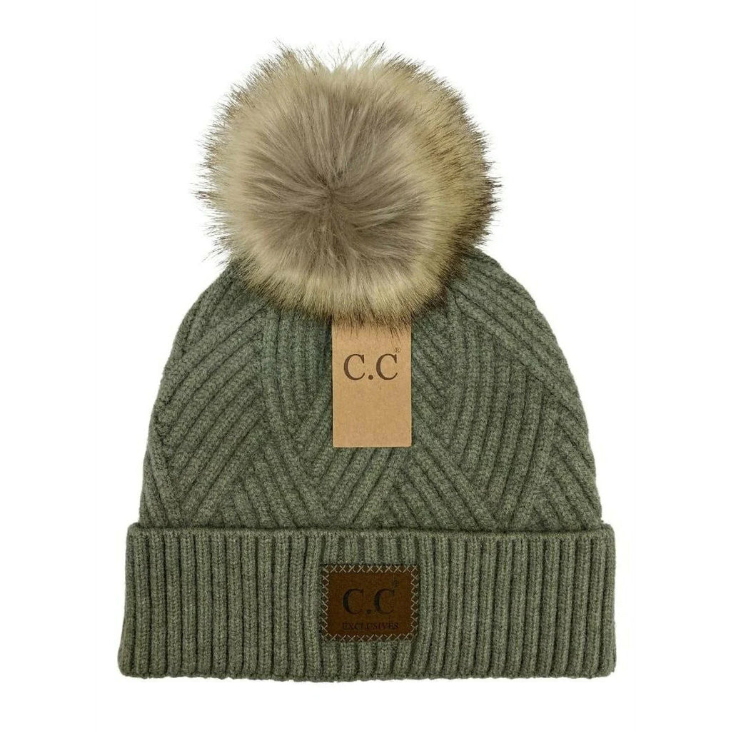 large patch heathered pom cc beanie on a white background