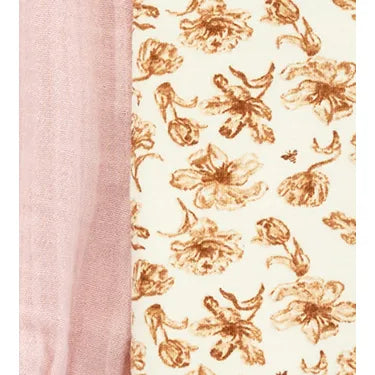 burts bee cream floral leggings and pink gauze tunic on a white background close up