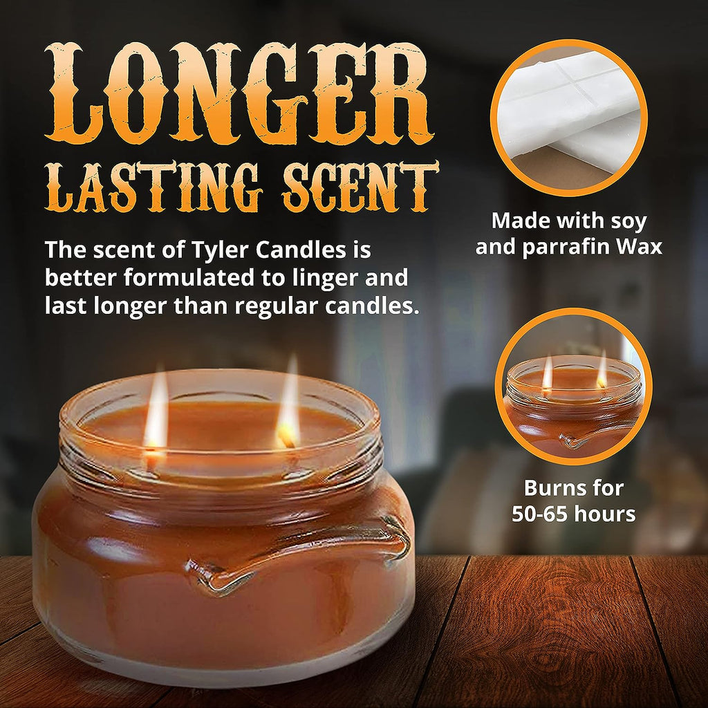 information page from Tyler candle company: longer lasting scent, the scent of Tyler candles is better formulated to linger and last longer than regular candles, made with soy and paraffin wax, burns for 50-65 hours