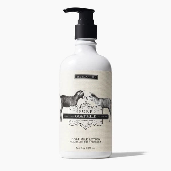 bottle of beekman 1802's pure goat milk lotion on a white background