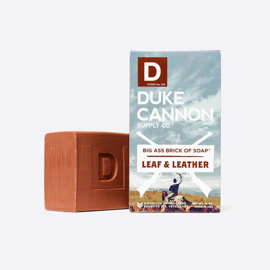 duke cannon leaf and leather bar soap on white background