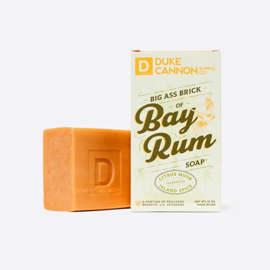 duke cannon bay rum soap on a white background