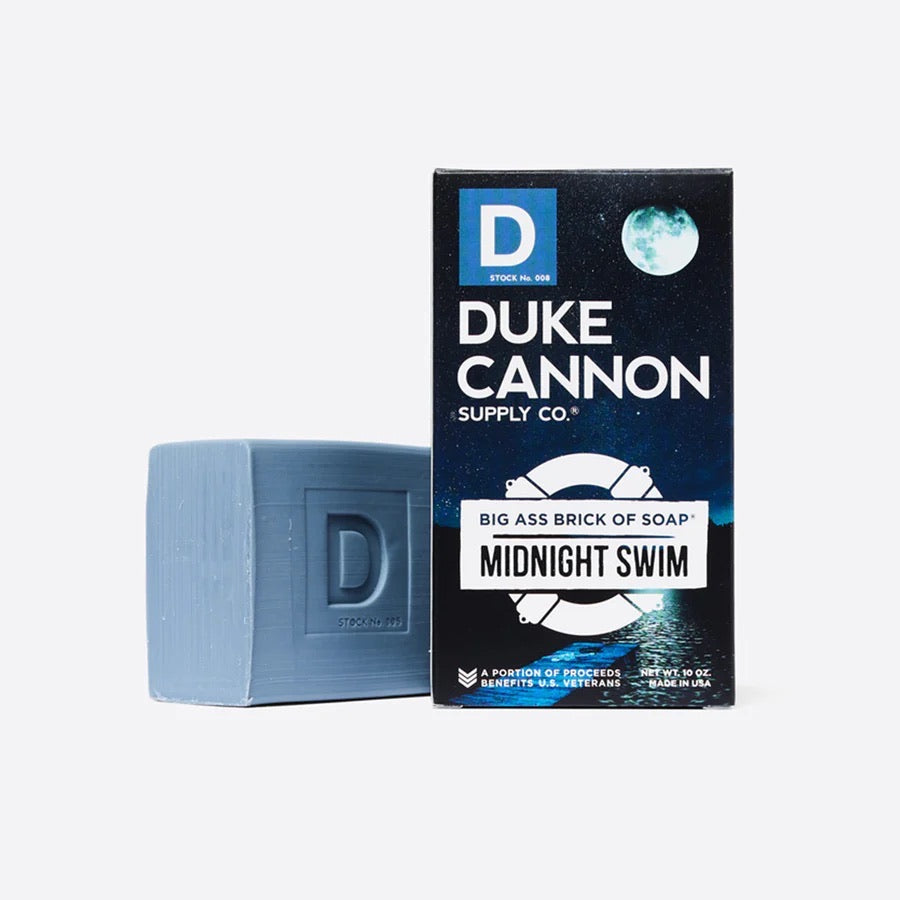 duke cannon midnight swim bar soap on white background