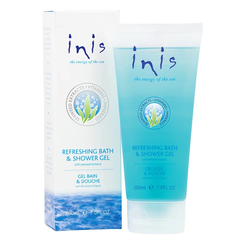 inis the energy of the sea bath and shower gel on a white background