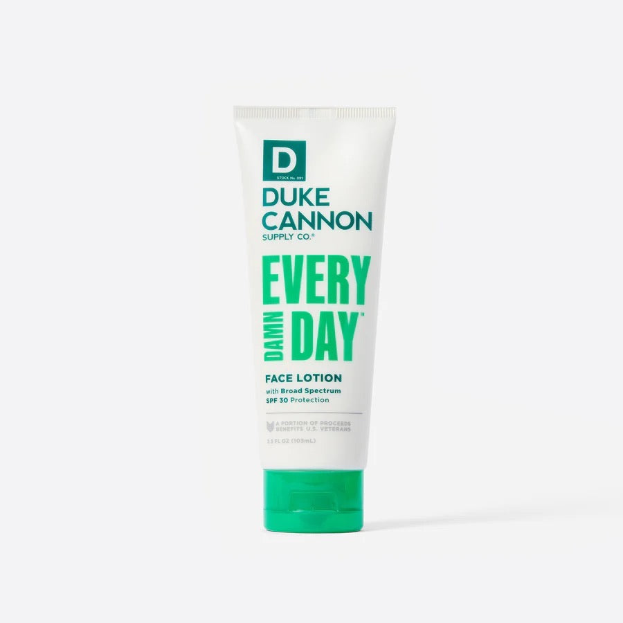 Bottle of Duke Cannon every day face lotion with broad spectrum spf 30 protection on a white background