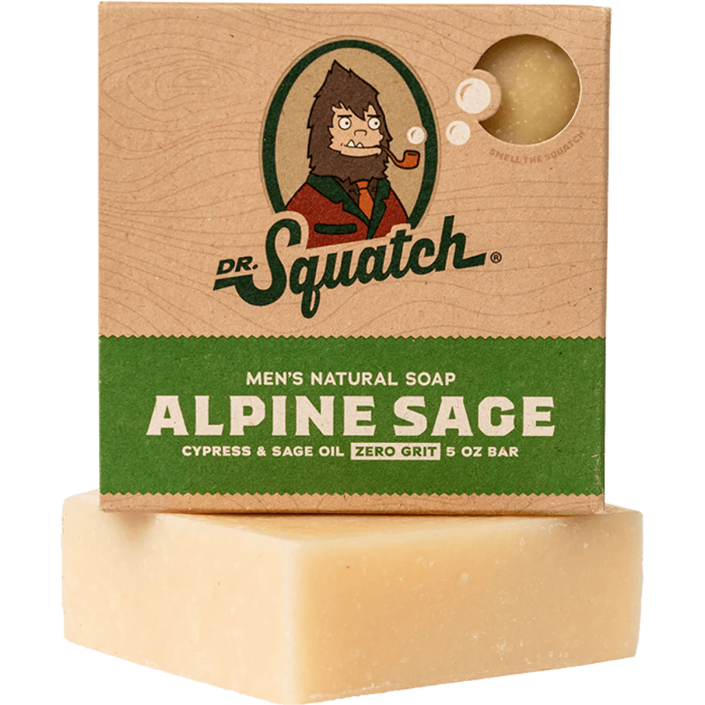 dr squatch alpine sage soap on a white background