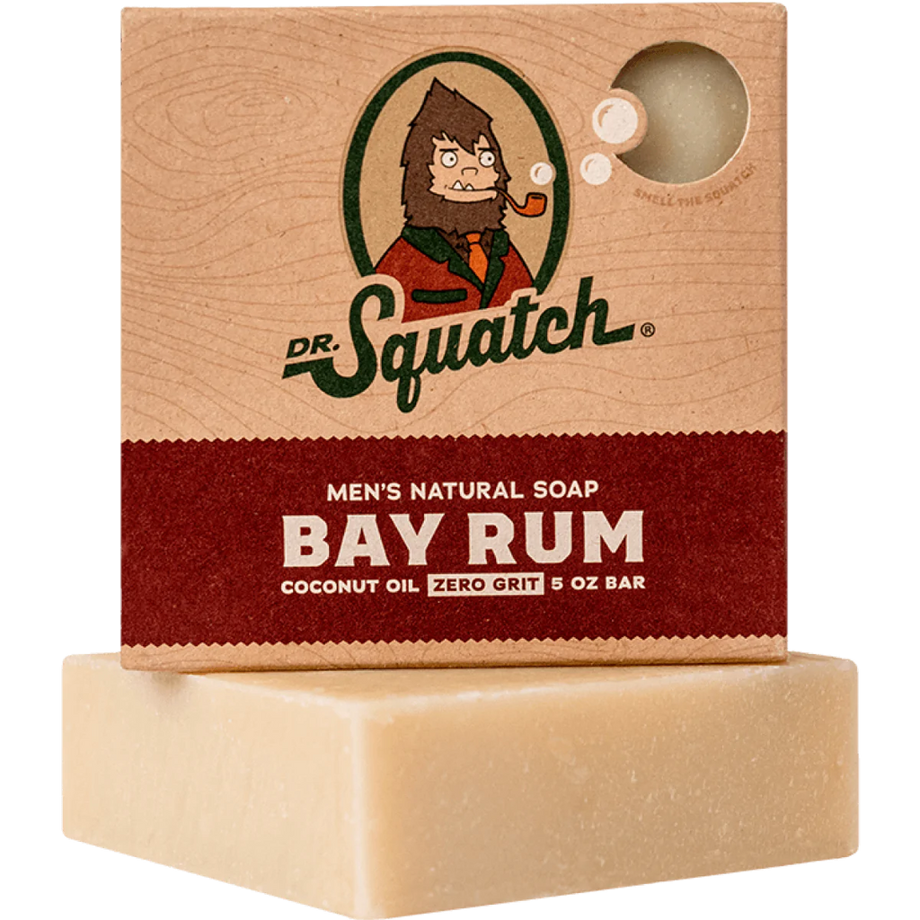 dr. squatch bay rum soap on a white background