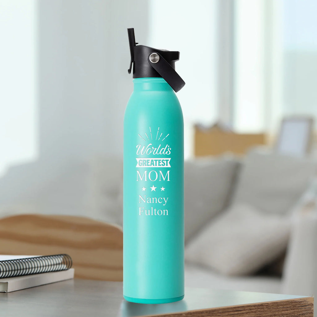 personalized water bottle with a living room in the background