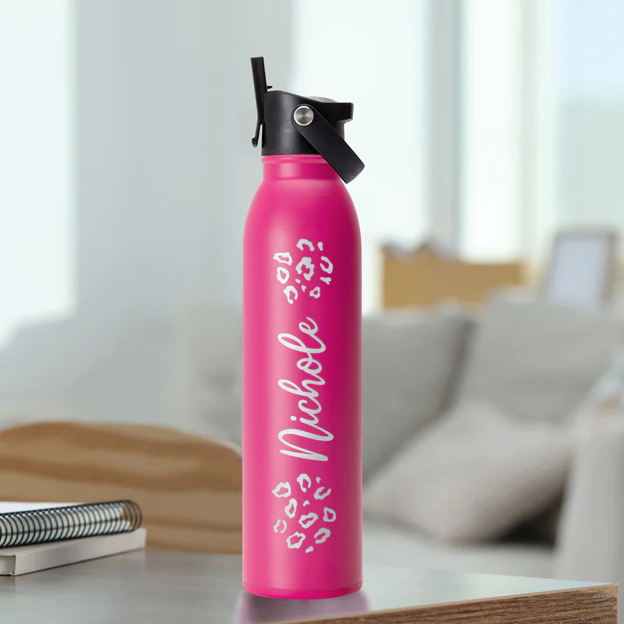 personalized water bottle with a living room in the background