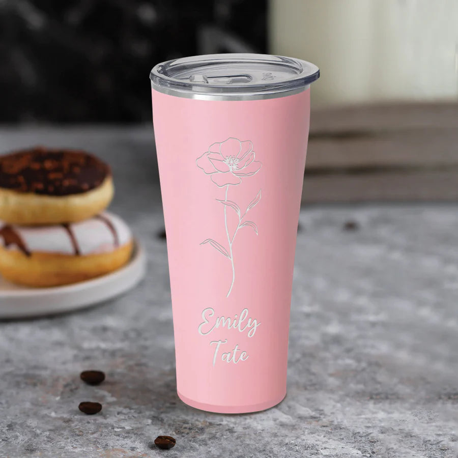 personalized tumbler on a concrete counter