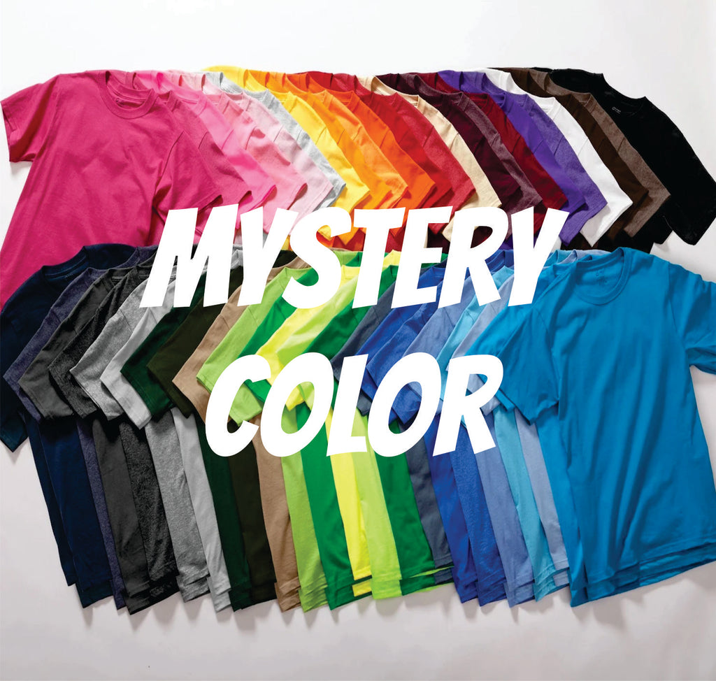 mystery color text with various color shirts on a white background